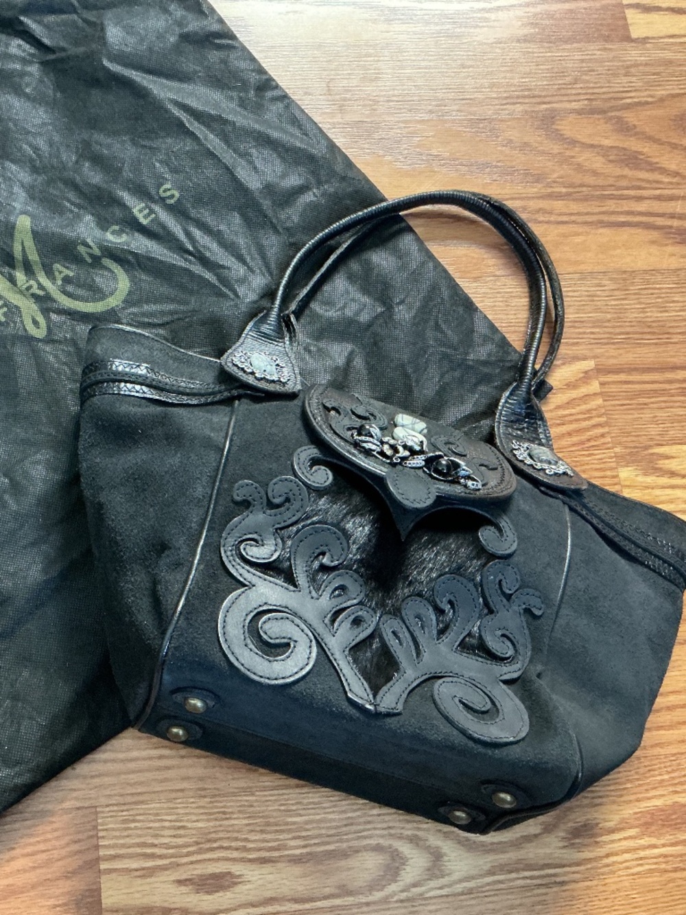 Mary Frances Black Suede Leather & Calf Hair Embellished Shoulder Bag